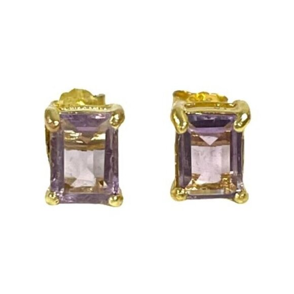 Genuine 2.48ct Emerald Cut Light Amethyst Stud Sterling Silver 14K GP Earrings - Picture 1 of 3
